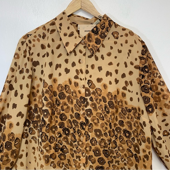 Apostrophe Blouse Woman 18W  Button Down Brown Animal Print‎ Ruffle Cuff Tunic - Picture 2 of 10